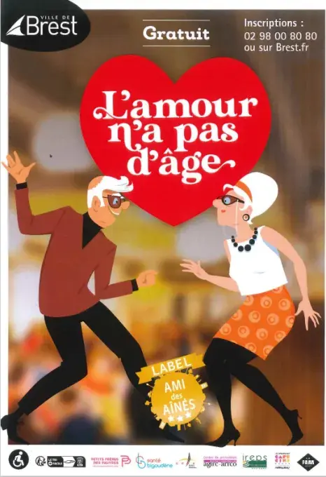 Une affiche présentant deux personnes âgées en train de danser. 