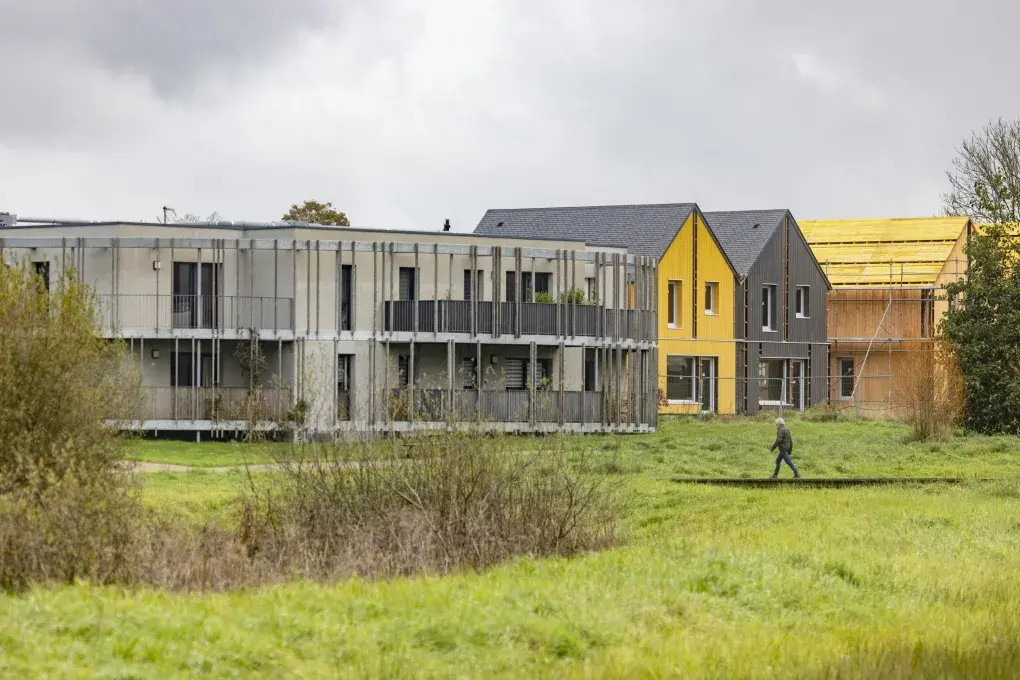 Vue sur des maisons en bois en construction