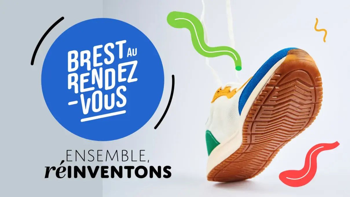 Une affiche avec un logo, une phrase réinventons ensemble et un basket 