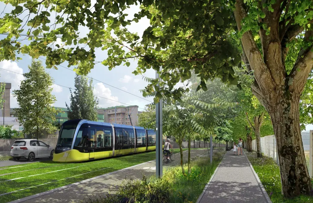 Projection numérique de l'avenue Foch une fois les travaux de la deuxième ligne de tramway achevés.