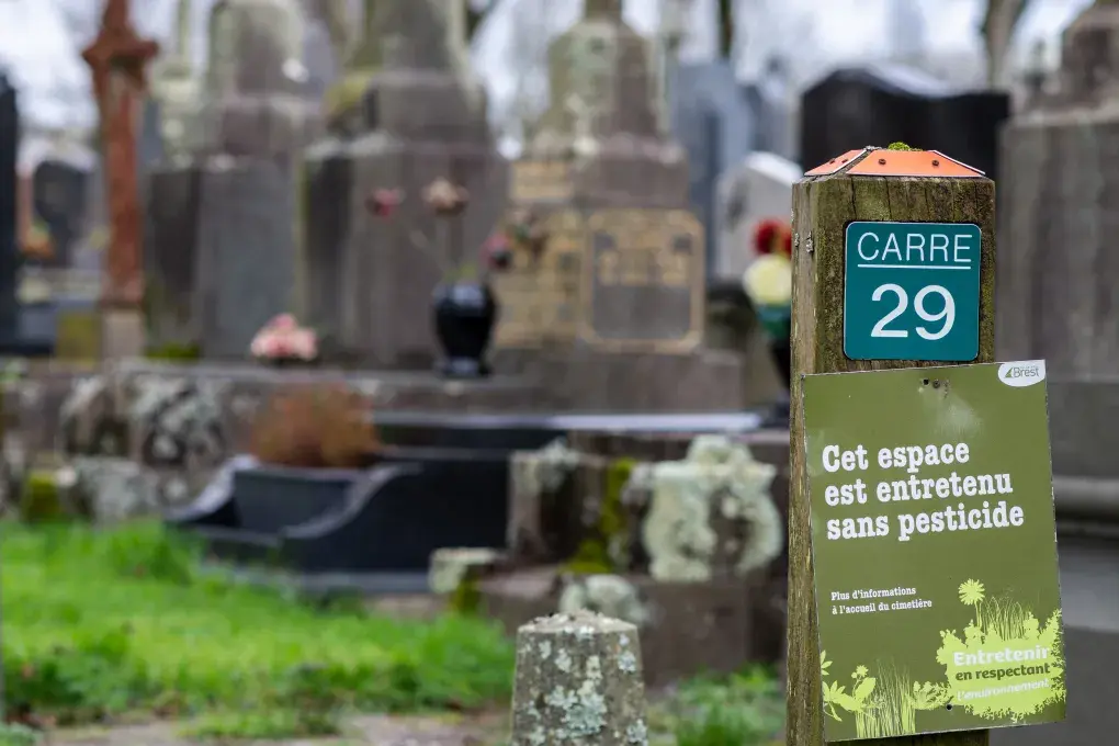 Vue d'un cimetière brestois, avec un panneau informant de l'entretien sans pesticides