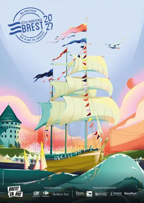 Une affiche illustrée avec un trois-mâts dans le port de Brest et la Tour Tanguy.