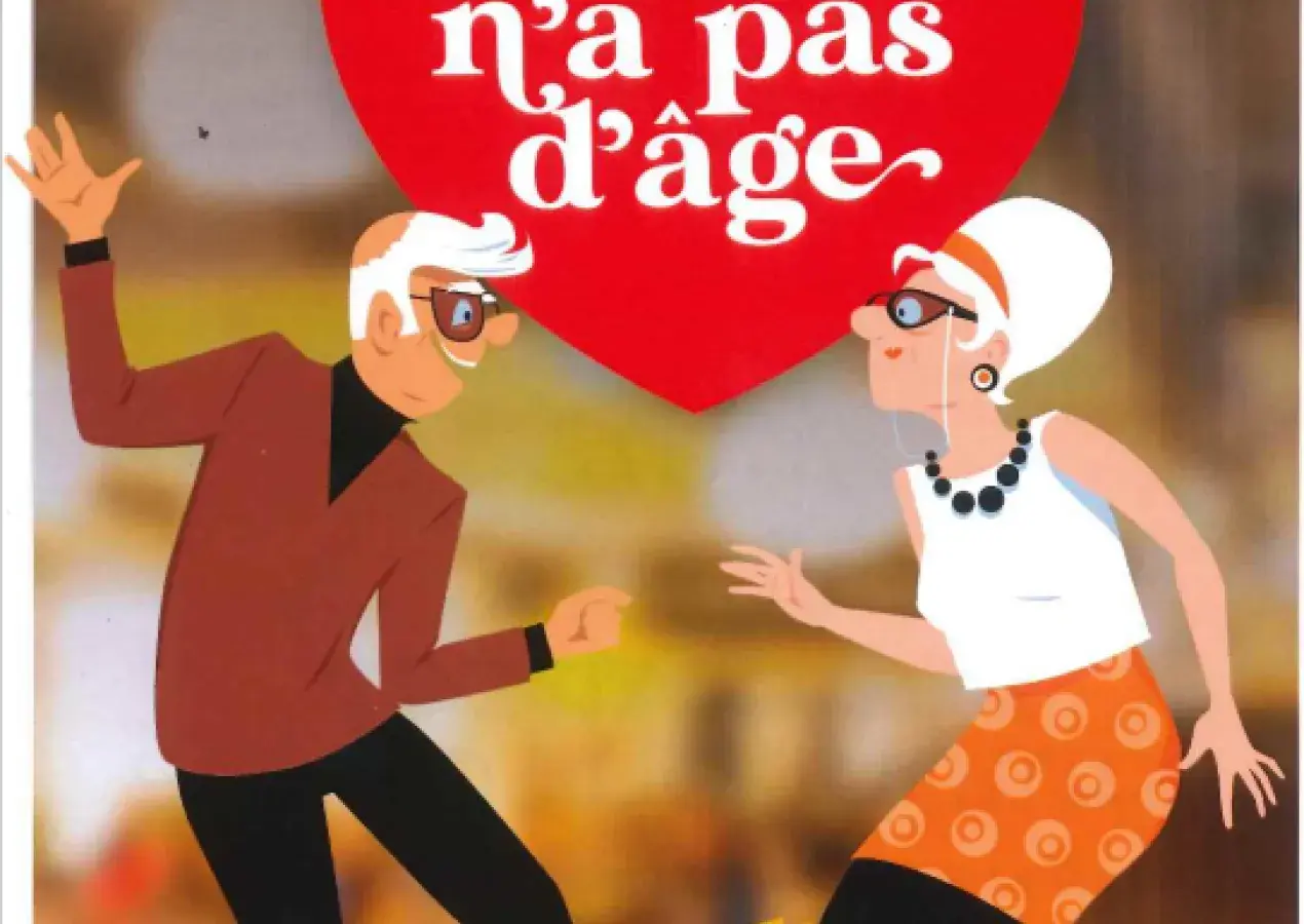 Une affiche présentant deux personnes âgées en train de danser. 