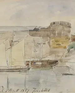 Johan Barthold JONGKIND, La Belle Poule à Brest, 1851, crayon et aquarelle sur papier