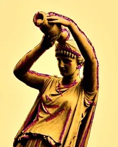 Illustration montrant une statue de femme se renversant une amphore sur la tête.