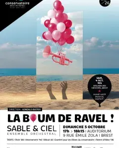 Illustration montrant un bouquet de ballon transportant une trompette et s'envolant depuis une plage.