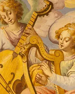 Détail d'un tableau montrant deux jeunes femmes ailées jouant d'un instrument
