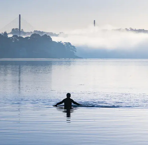 une silhouette dans la mer avec le pont en arrière plan