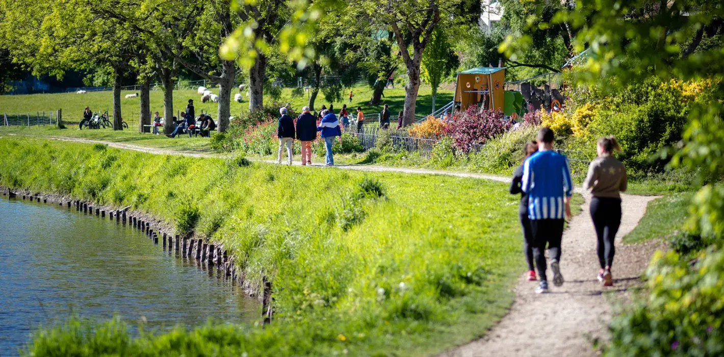 trois personnes courant sur un chemin qui longe une rivière
