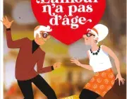 Une affiche présentant deux personnes âgées en train de danser. 