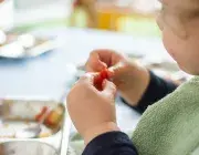 Les mains d'un enfant tiennent un fruit. 