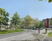 Vue sur une rue avec un tramway et des vélos.