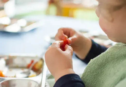 Les mains d'un enfant tiennent un fruit. 