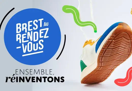 Une affiche avec un logo, une phrase réinventons ensemble et un basket 