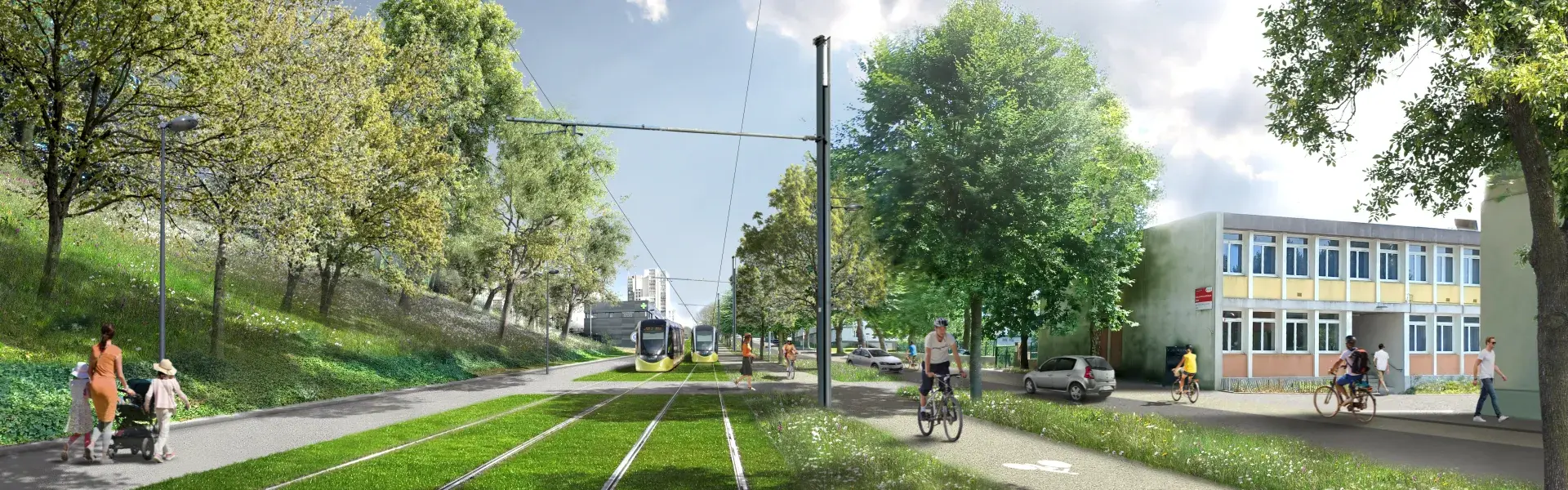 Une projection d'un partie de la future ligne de tram, avec un parterre végétalisé