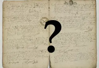 Page de registre paroissial sur lequel est ajouté un point d'interrogation