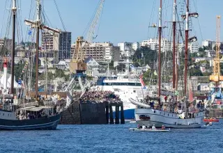 des vieux gréments sur l'eau et du public sur les quais