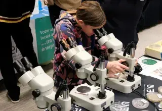 Une fillette regarde dans un microscope.