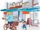 dessin d'une rue de Tokyo avec une personne qui fait du vélo et un enfant qui marche