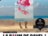 Illustration montrant un bouquet de ballon transportant une trompette et s'envolant depuis une plage.